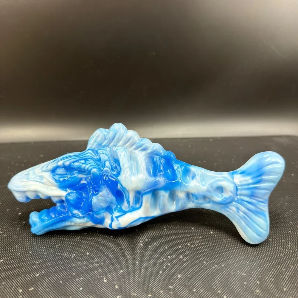 Hand Crafted Resin Fish Skeleton Figurines Blue Green Marbled Art Decor Set of 2